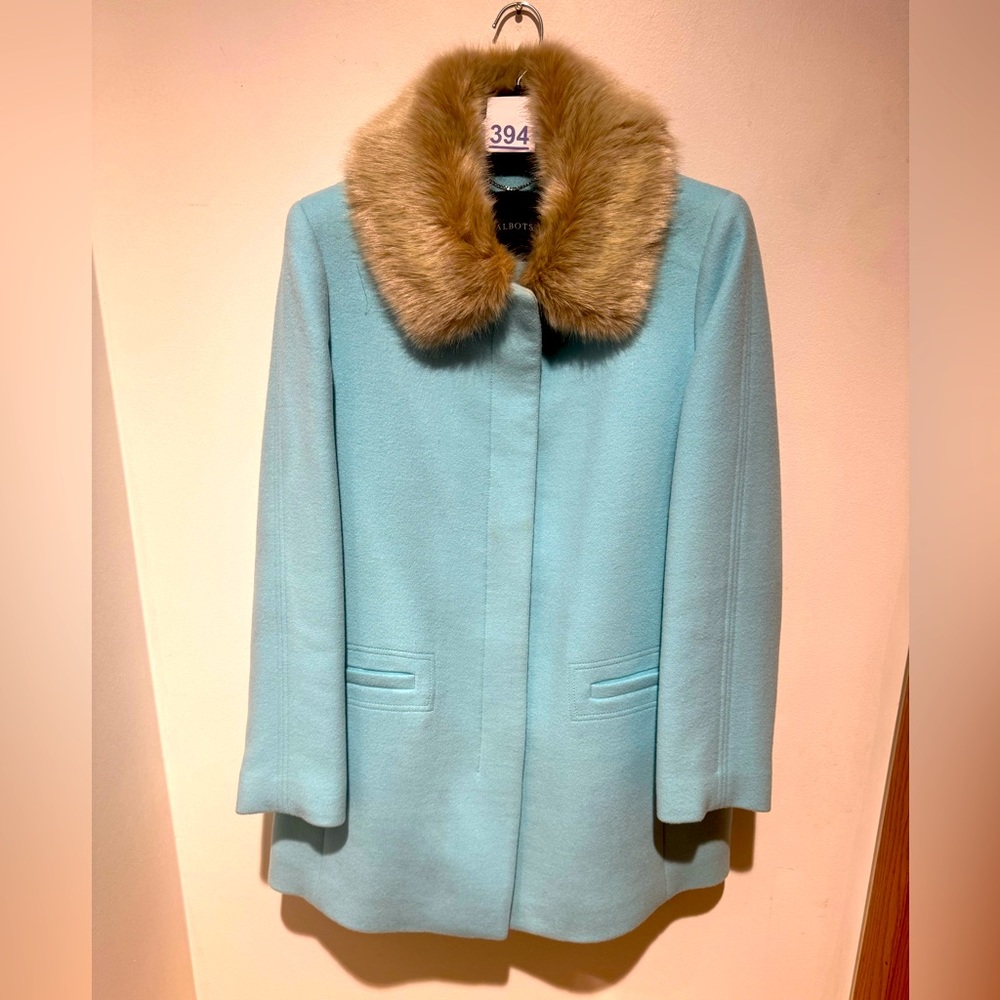 Vintage Talbots Powder Blue Pea Coat With Removable Fur Collar size S